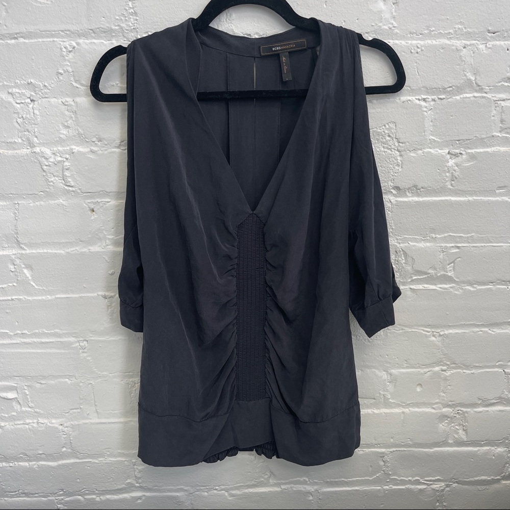 BCBG Max Azria Black Silk V Neck Ruched Front 3/4 Sleeve Blouse Size S